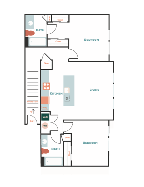 Floor plan for 2 beds, 2 baths, 1118 sqft